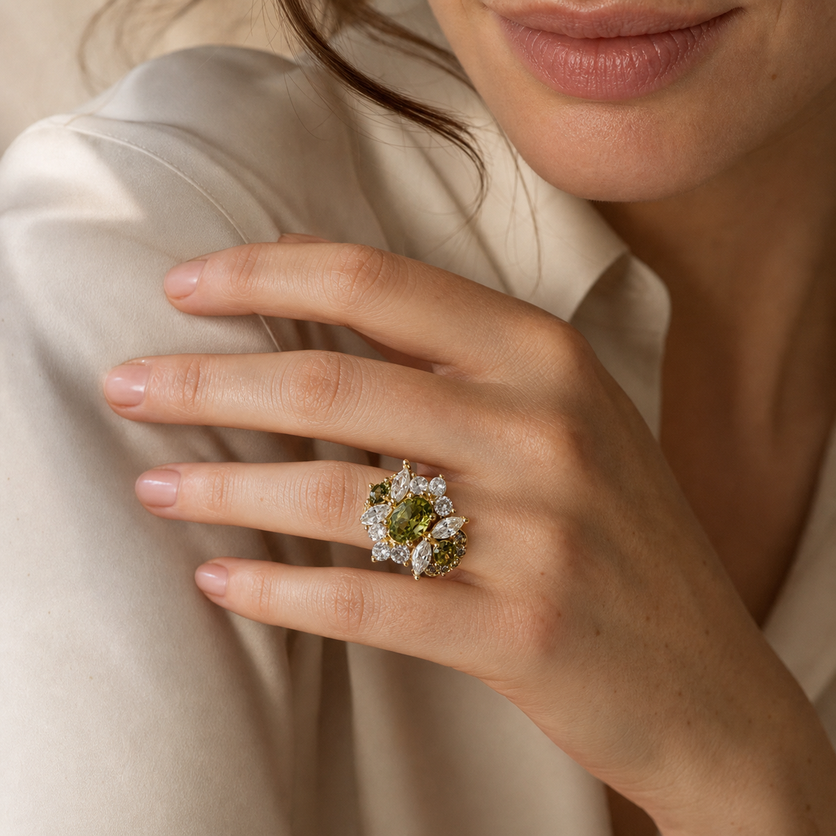 Verdant Bloom Cluster Ring worn in a natural editorial portrait