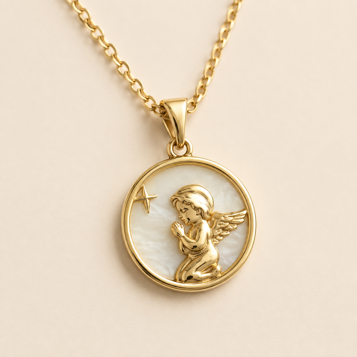 Close view of the Star Relief Medallion Necklace, showing its tapered bail and raised figure-and-crescent relief.