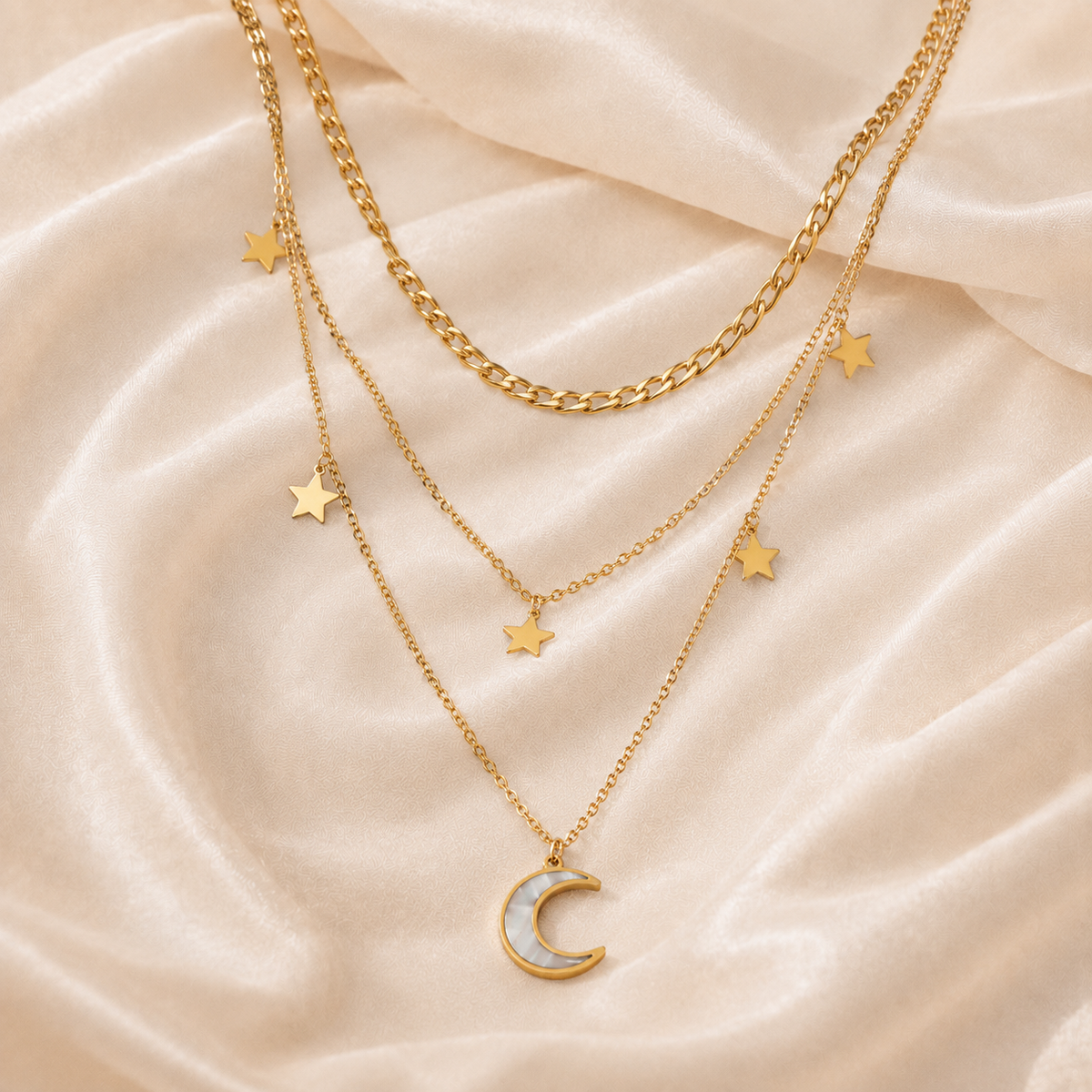 Astral Descent Necklace on warm cream silk