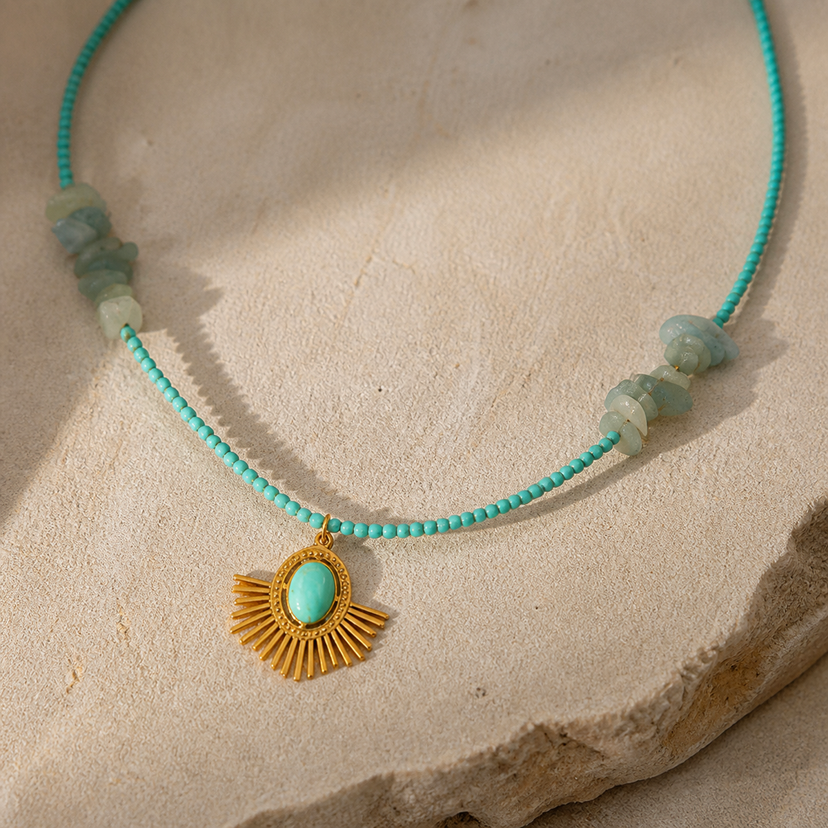 Close-up of Blue Sunfan Necklace showing its design and finish