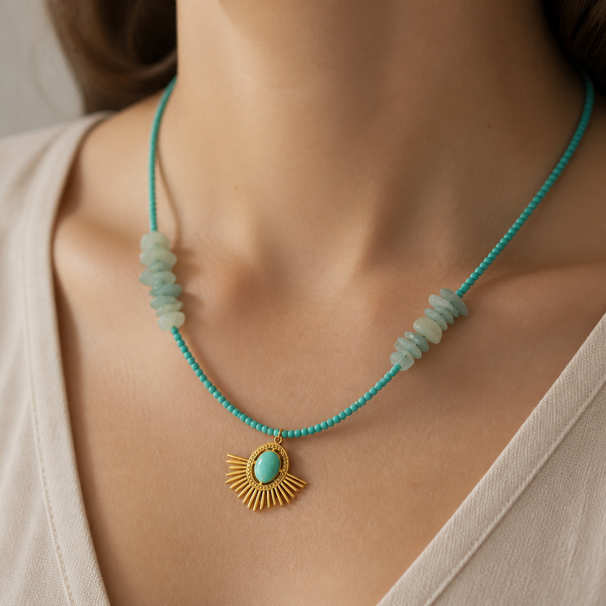 Blue Sunfan Necklace worn in a natural editorial portrait