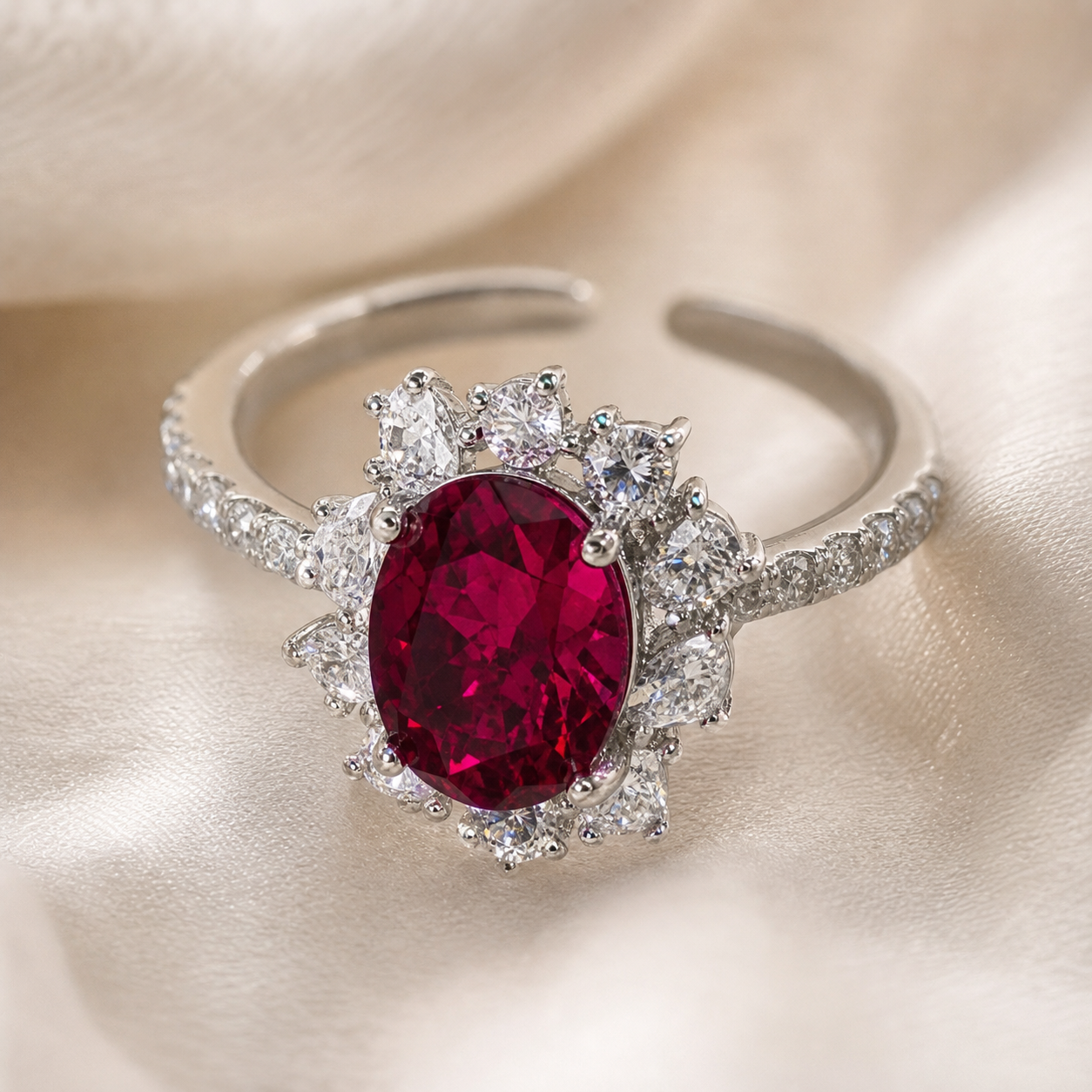 Close-up of Carmine Halo Open Ring with oval deep-red centre and silver-toned halo setting.