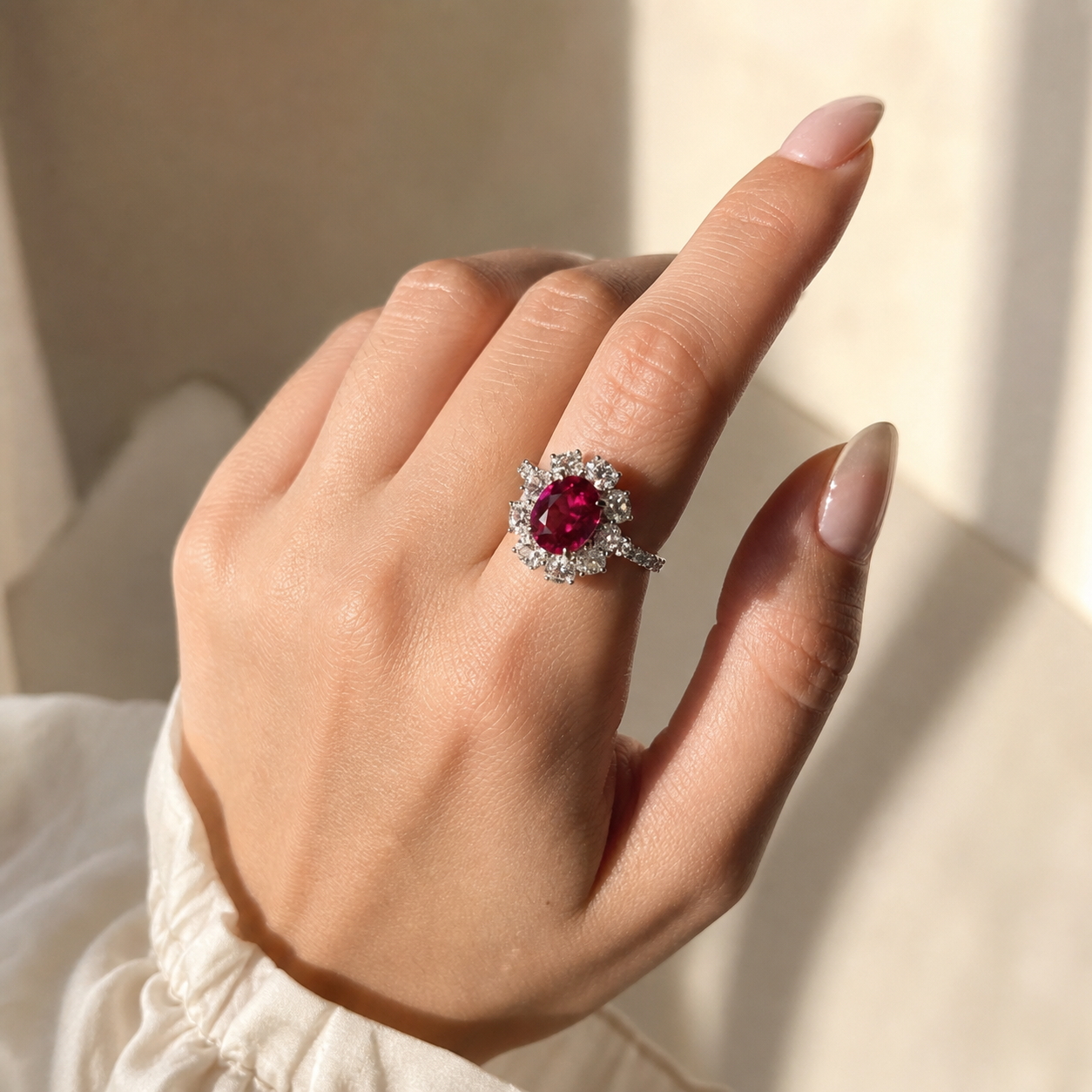 Carmine Halo Open Ring worn on a hand in warm daylight.
