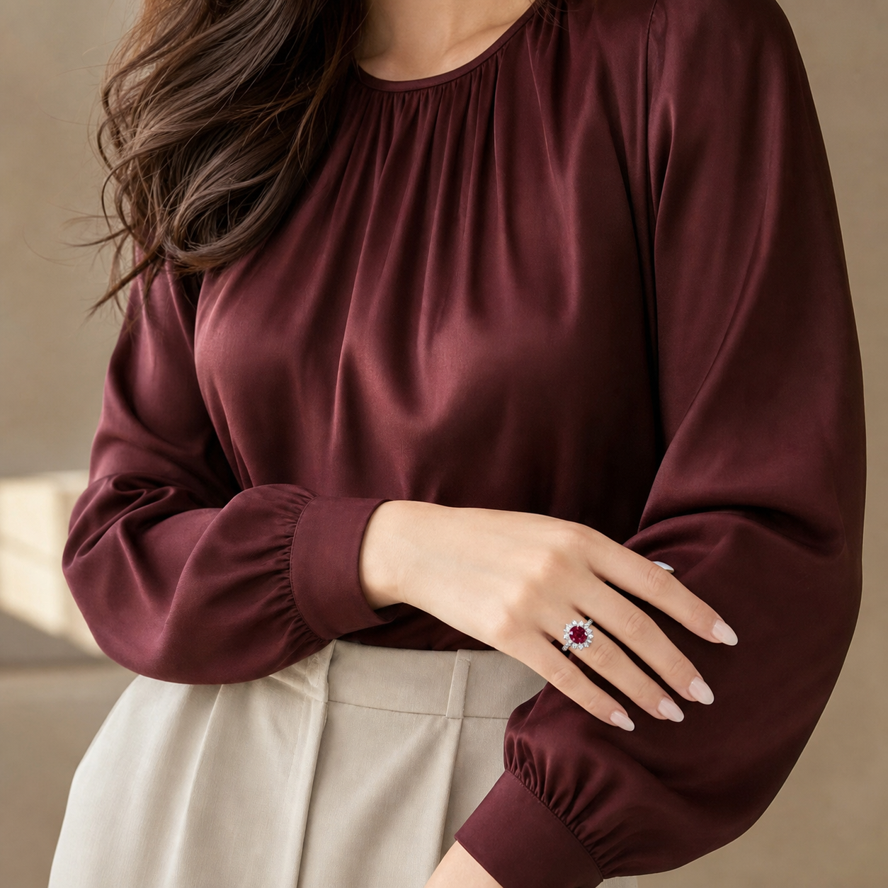 Carmine Halo Open Ring styled in a wider burgundy fashion look.