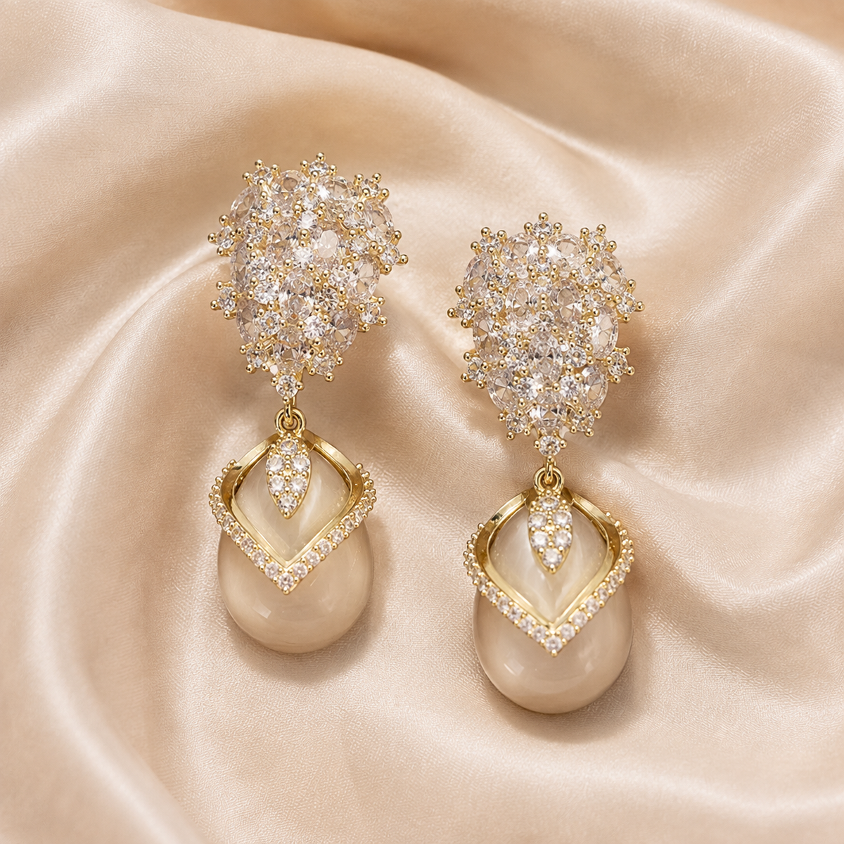 Misted Votive Earrings, a matching pair with pale champagne zircon accents, open tilted frames, and champagne-colored pearl drops.