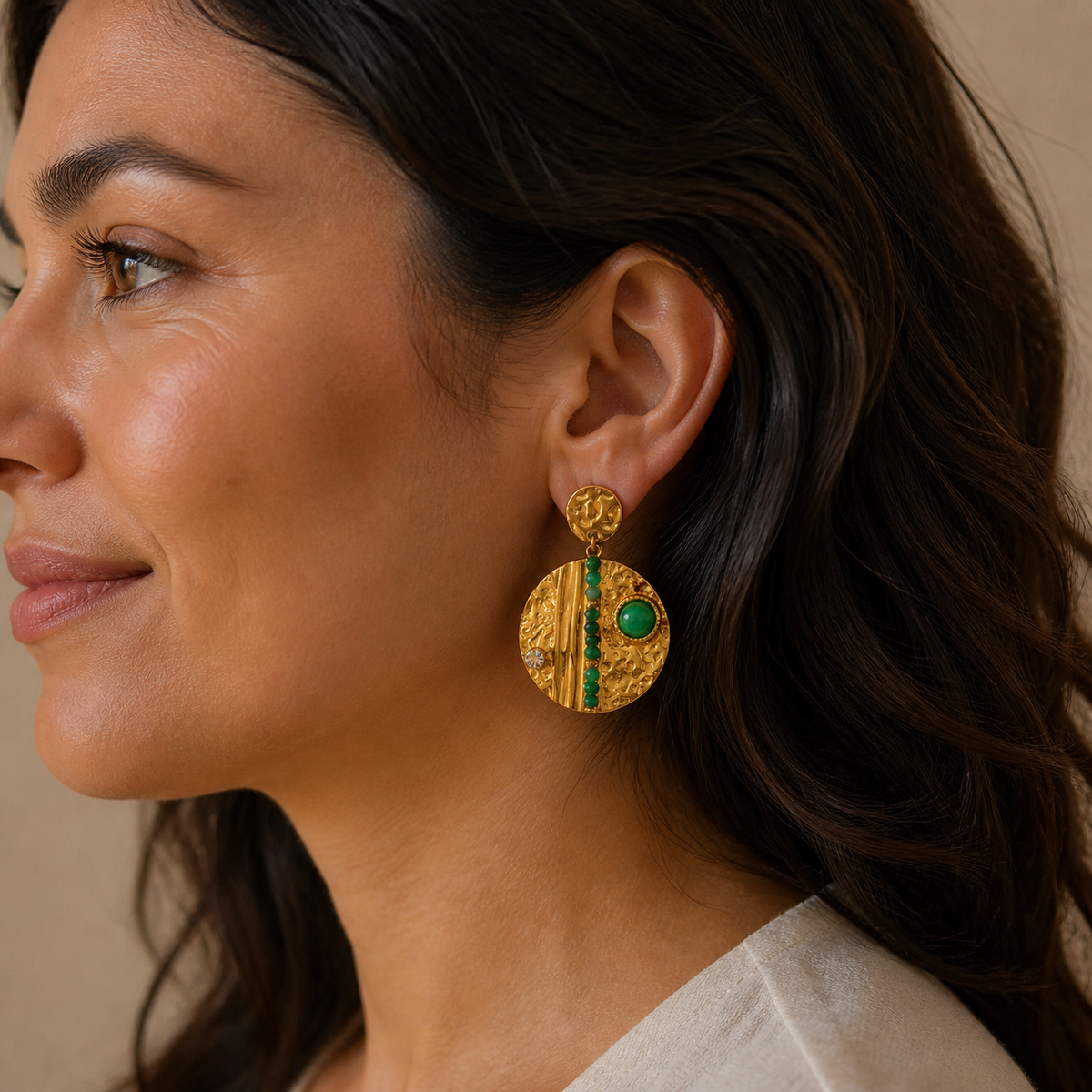 Dual Relief Drop Earrings worn in a natural editorial portrait