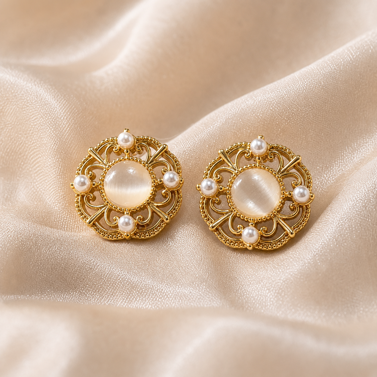 Filigree Orbit Stud Earrings styled on Moonveil warm cream silk