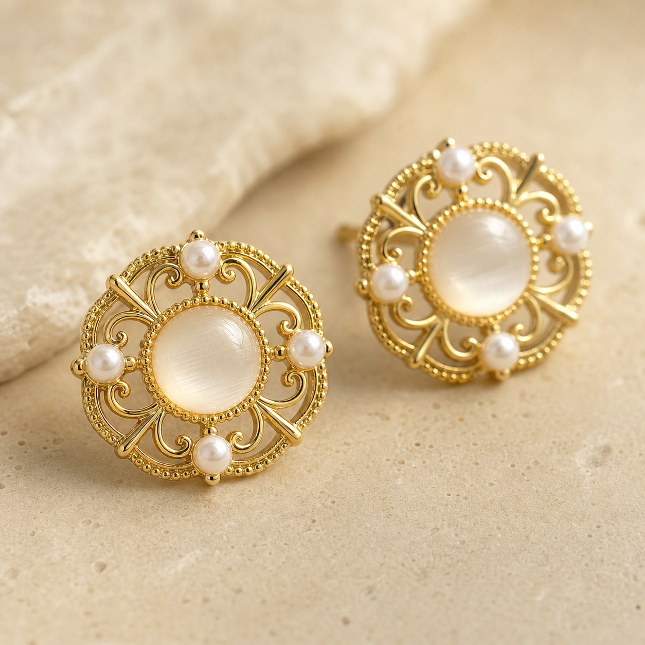Close-up of the confirmed structure and finish of Filigree Orbit Stud Earrings