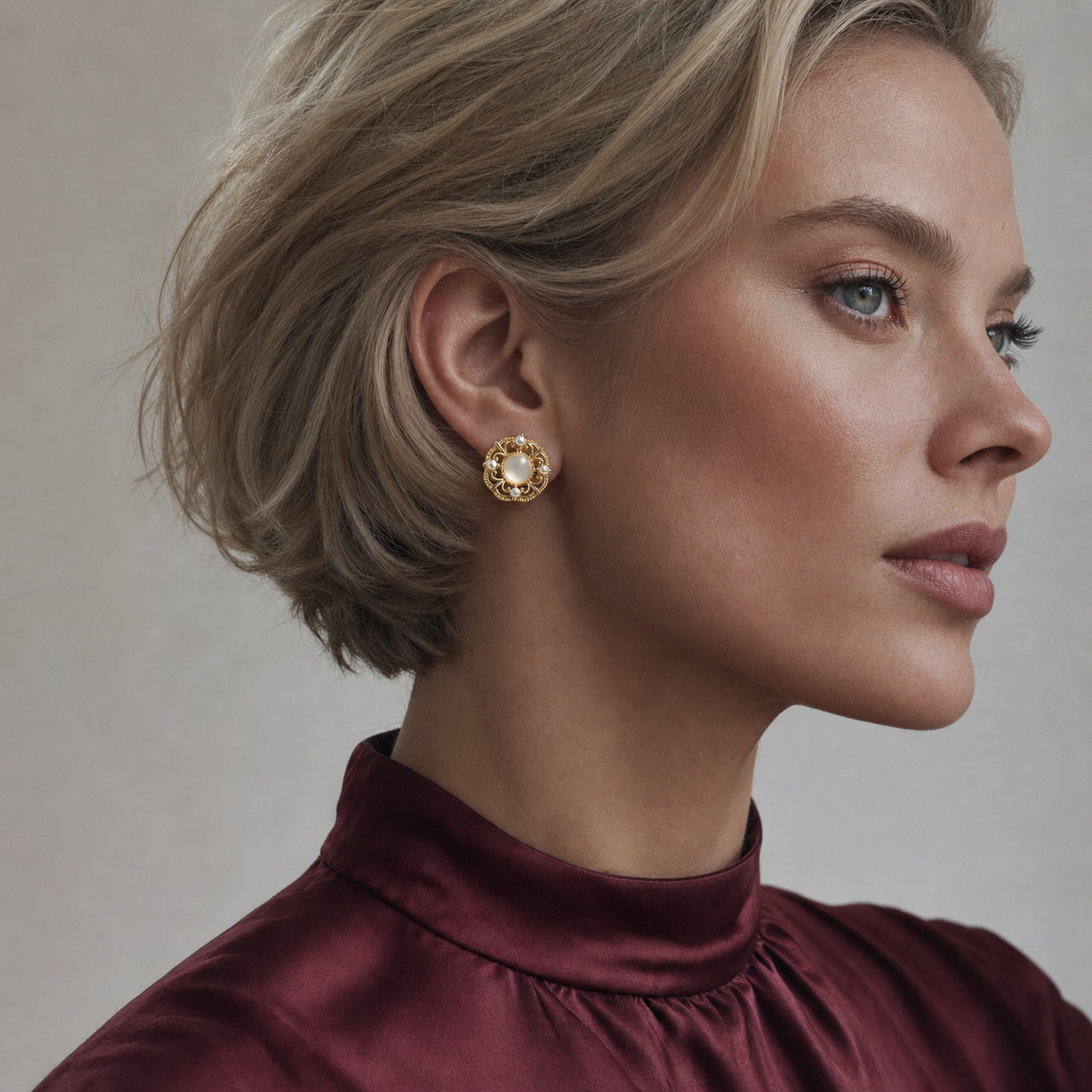 A second photographic styling view of Filigree Orbit Stud Earrings