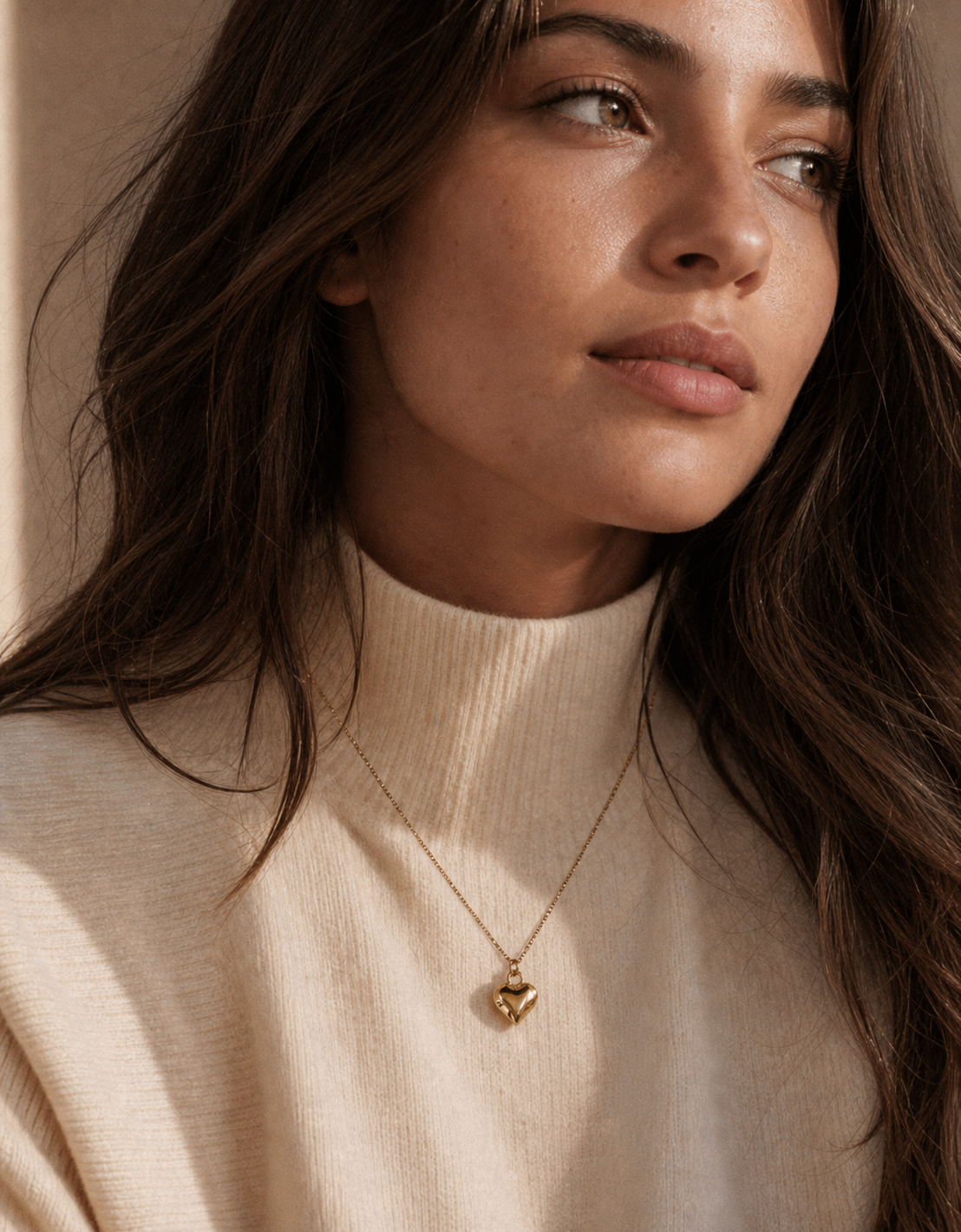 Folded Promise Heart Necklace worn in a natural editorial portrait
