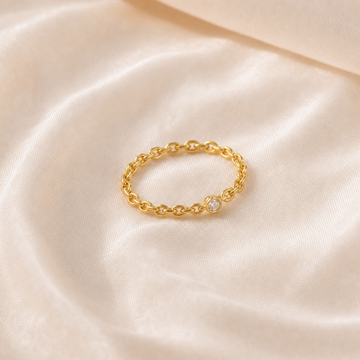 Golden Link Solitaire Ring styled on Moonveil warm cream silk