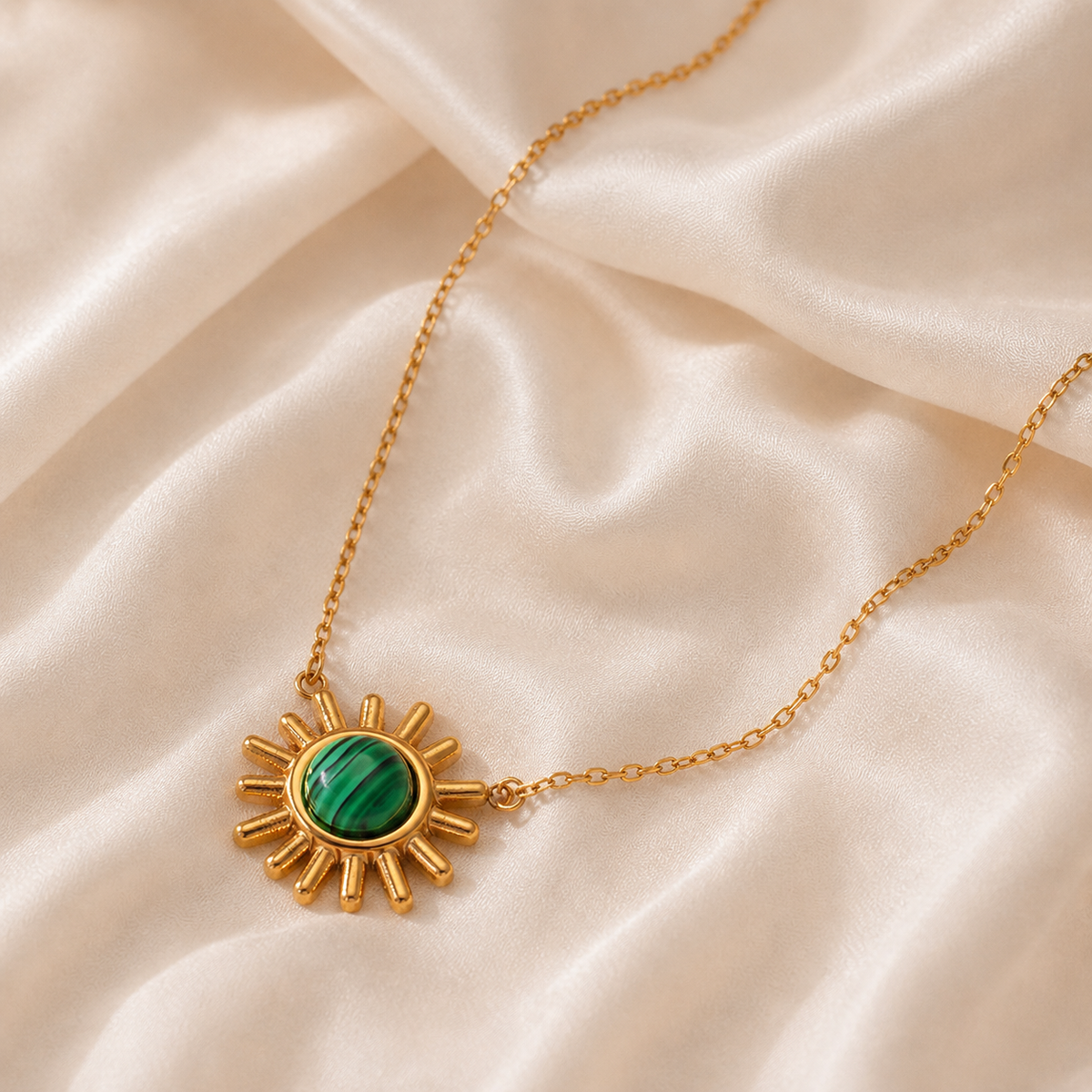 Green Sunpoint Necklace styled on Moonveil warm cream silk