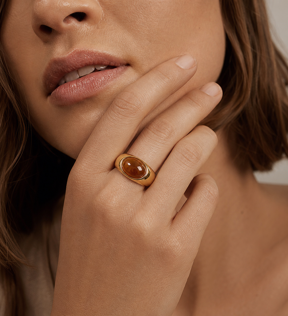 Honeyed Eye Dome Ring worn in a natural editorial portrait