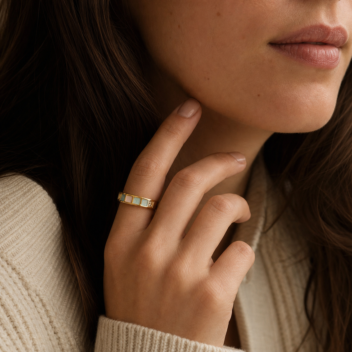 Mosaic Tide Open Ring worn in a natural editorial portrait