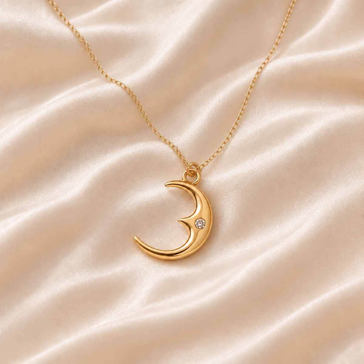 Nightfall Crescent Necklace styled on Moonveil warm cream silk