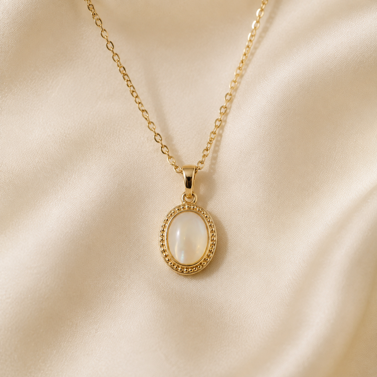 Close-up of the Gilt Memento Pendant Necklace with a raised rope-like oval border