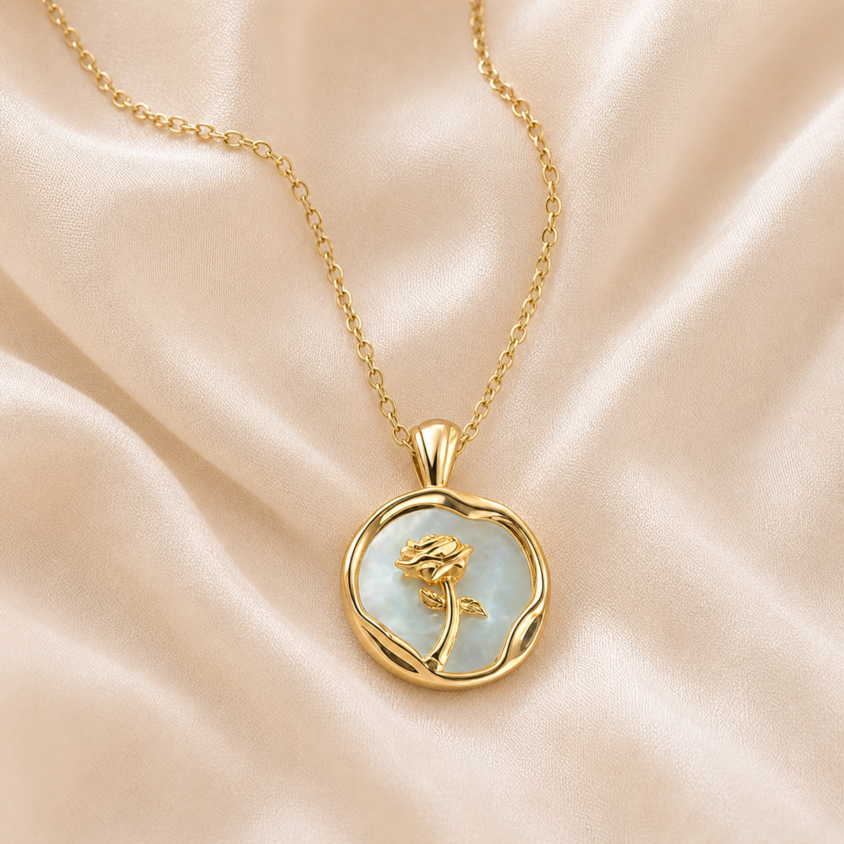 Rose Seal Shell Pendant Necklace styled on Moonveil warm cream silk