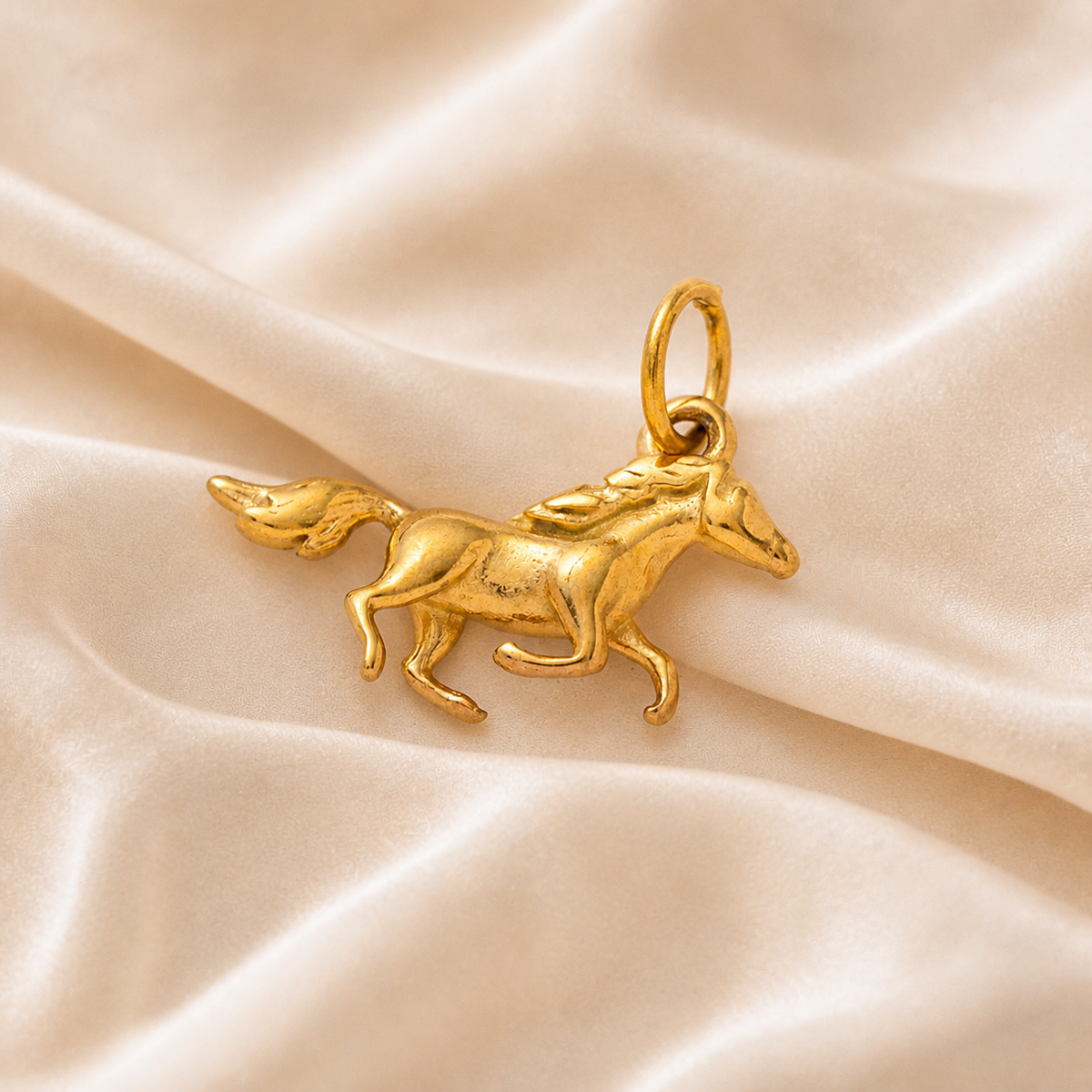 Runaway Horse Charm styled on Moonveil warm cream silk