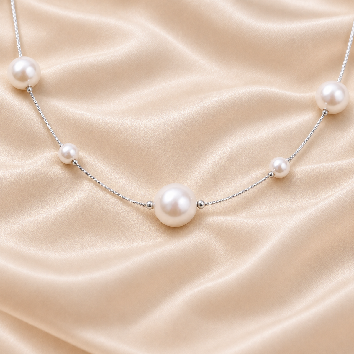 Scattered Pearl-Line Necklace styled on Moonveil warm cream silk