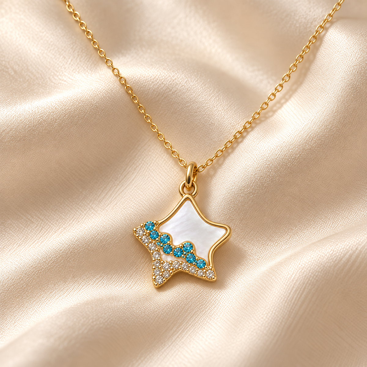 Seafoam Point Necklace styled on Moonveil warm cream silk