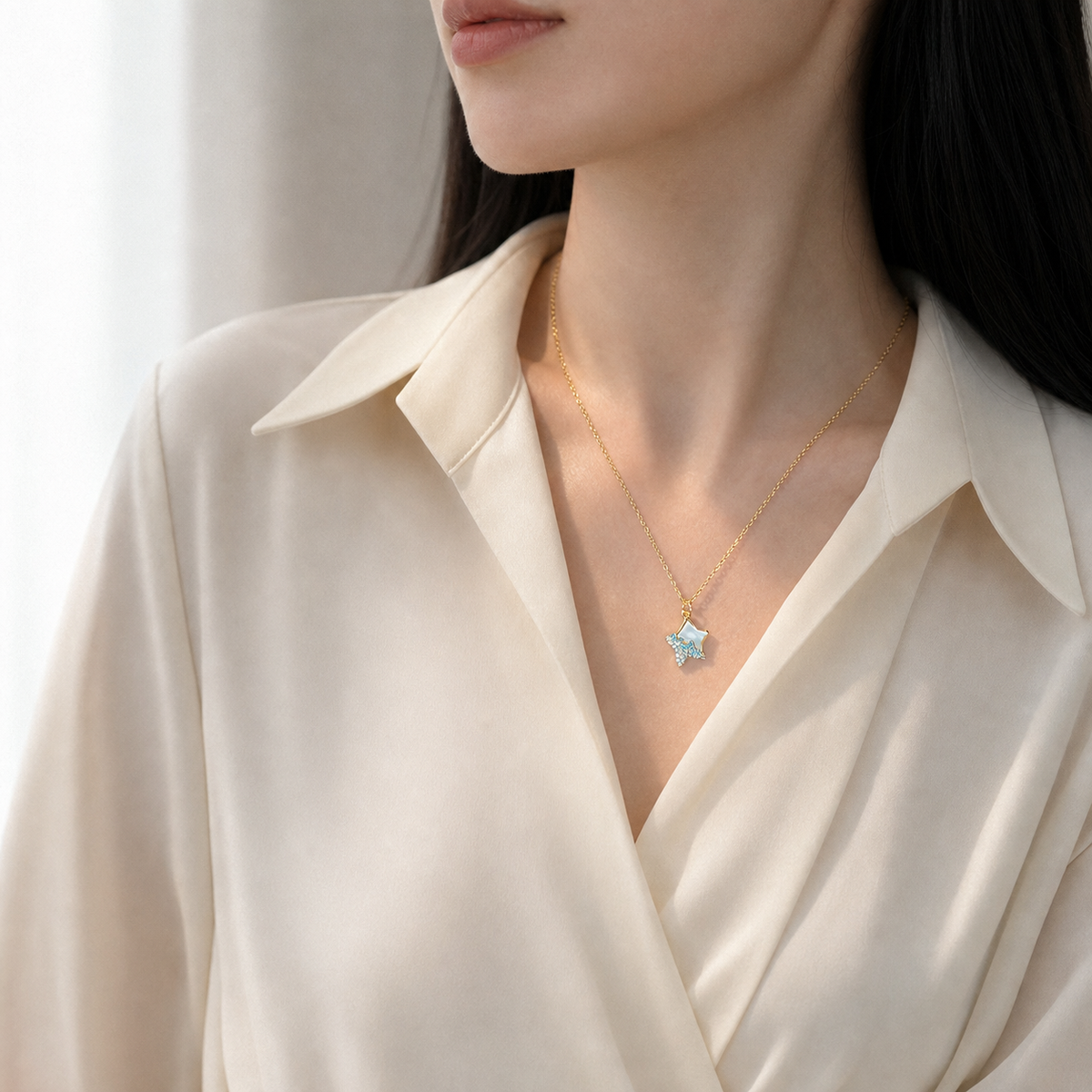 A second photographic styling view of Seafoam Point Necklace
