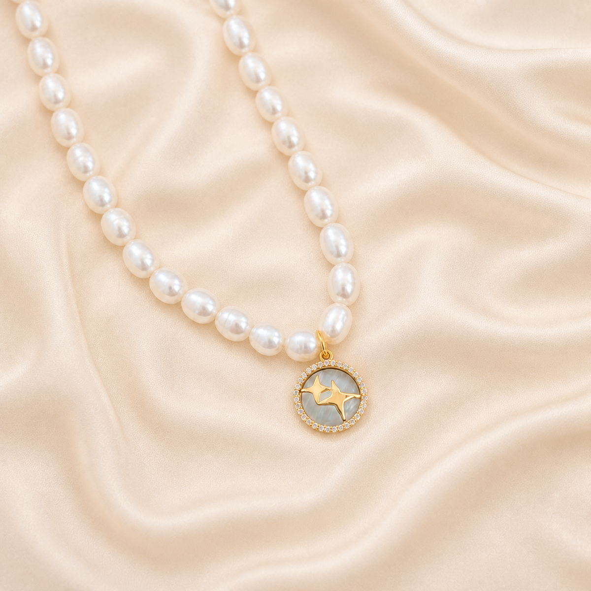 Starward Strand Necklace styled on Moonveil warm cream silk