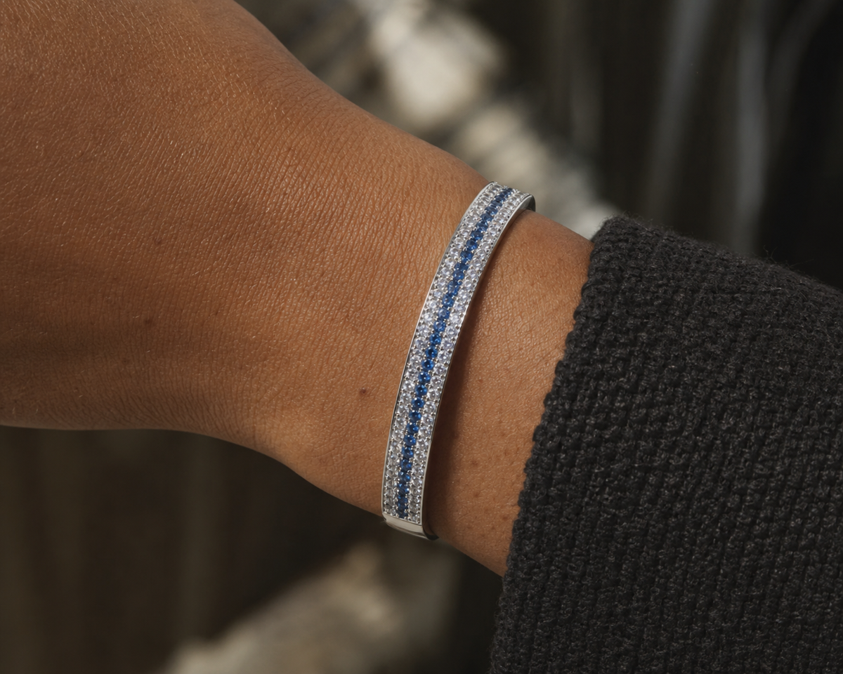 Tidal Arc Pavé Bracelet worn in a natural editorial portrait