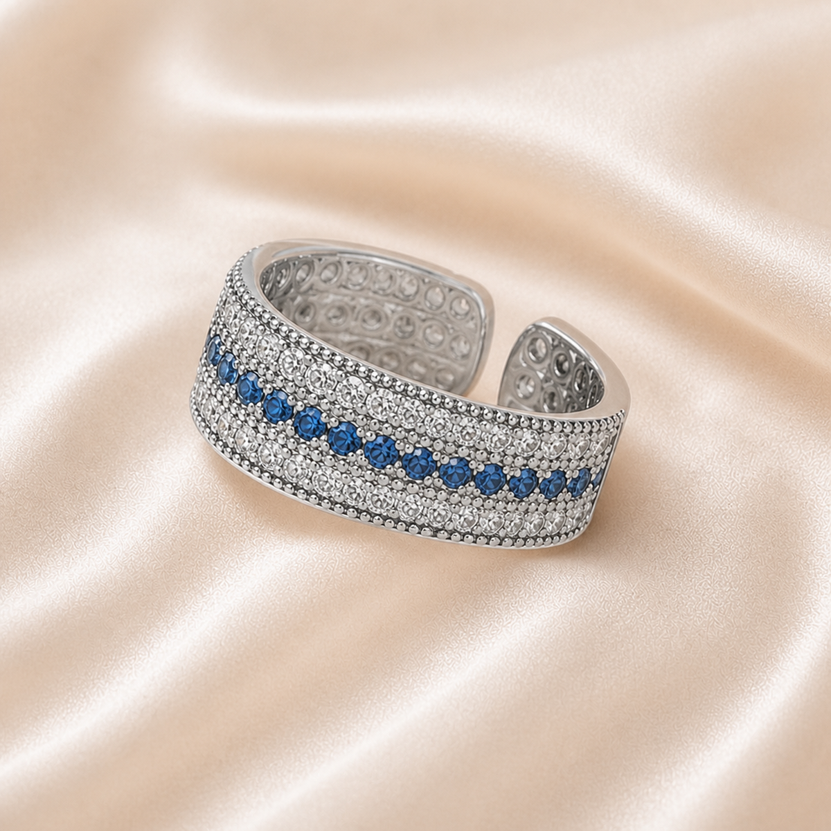 Tidal Arc Pavé Ring styled on Moonveil warm cream silk