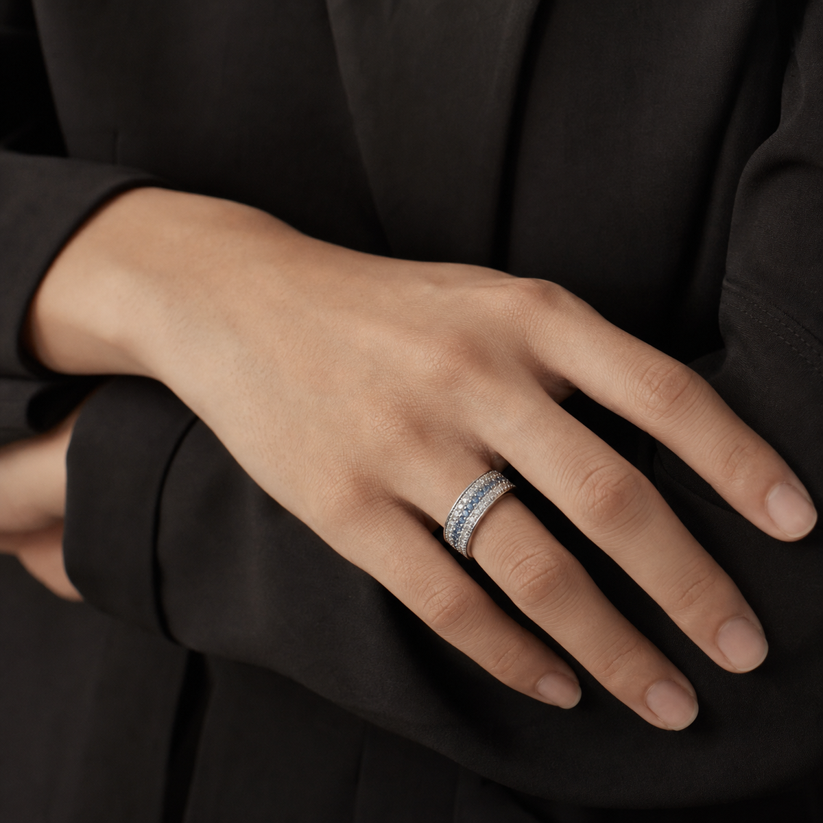 Tidal Arc Pavé Ring worn in a natural editorial portrait