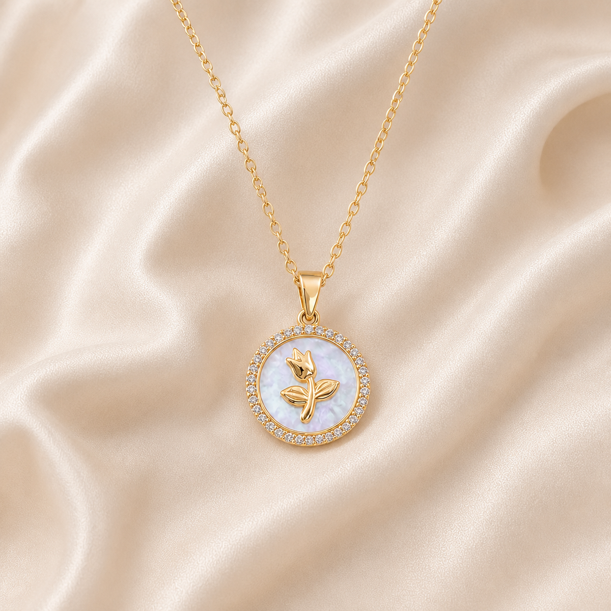 Tulip Seal Shell Pendant Necklace styled on Moonveil warm cream silk