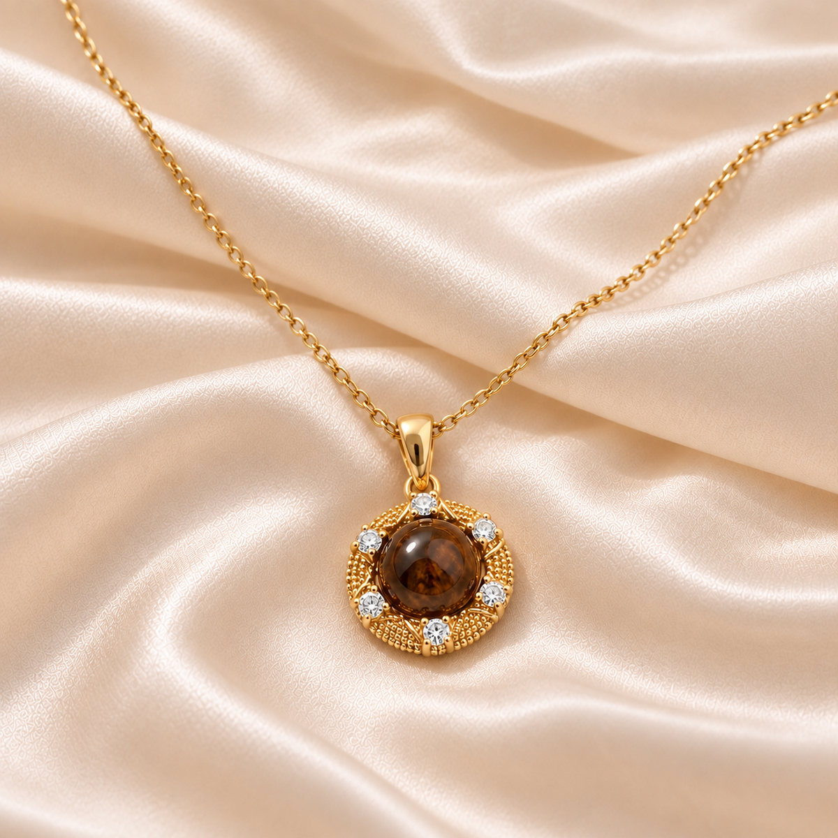 Umber Observatory Pendant Necklace styled on Moonveil warm cream silk