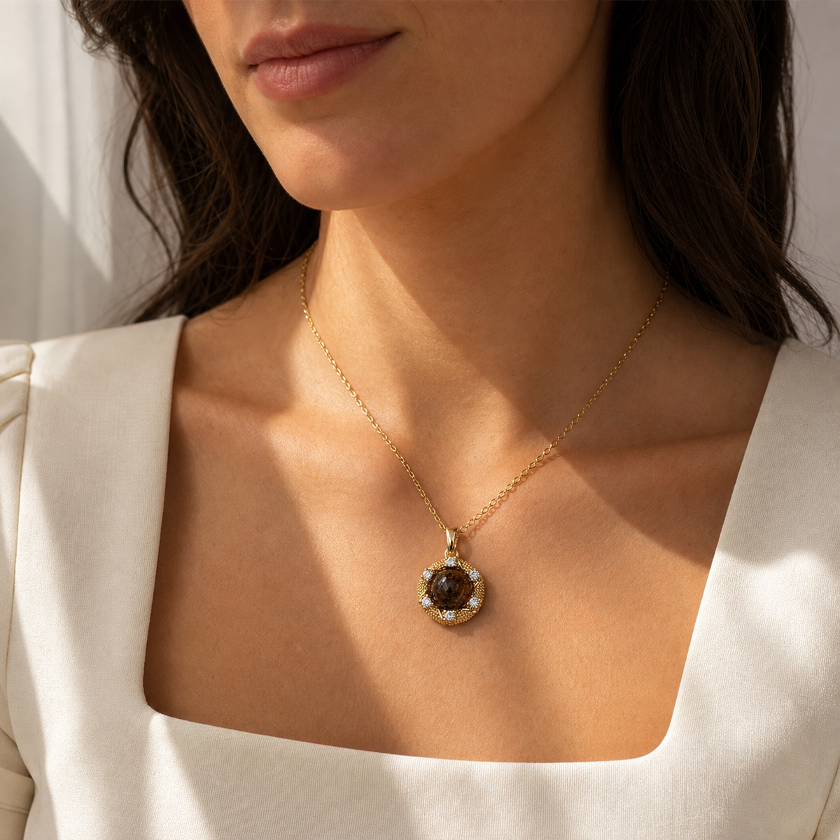 Umber Observatory Pendant Necklace worn in a natural editorial portrait