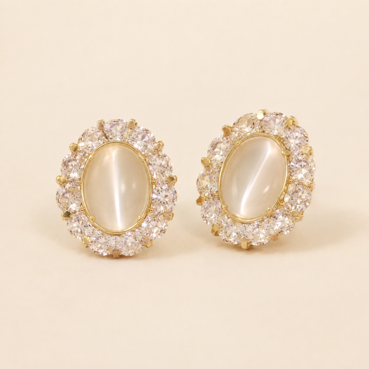 Close view of Celestial Keep Earrings with pale oval centers and surrounding halo-like details