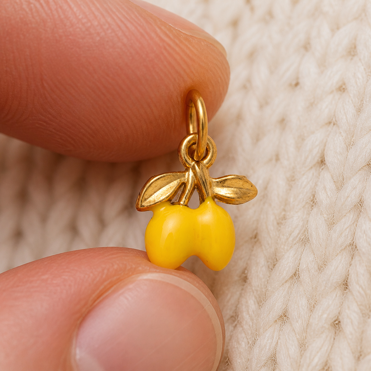 Yellow Orchard Charm worn in a natural editorial portrait