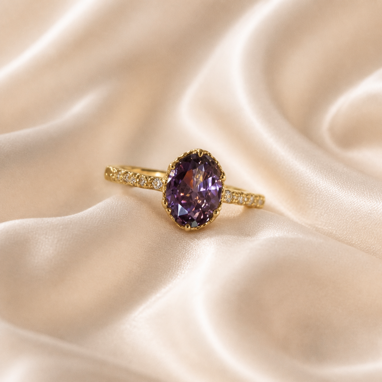 Amethyst Oval Solitaire Ring styled on Moonveil warm cream silk