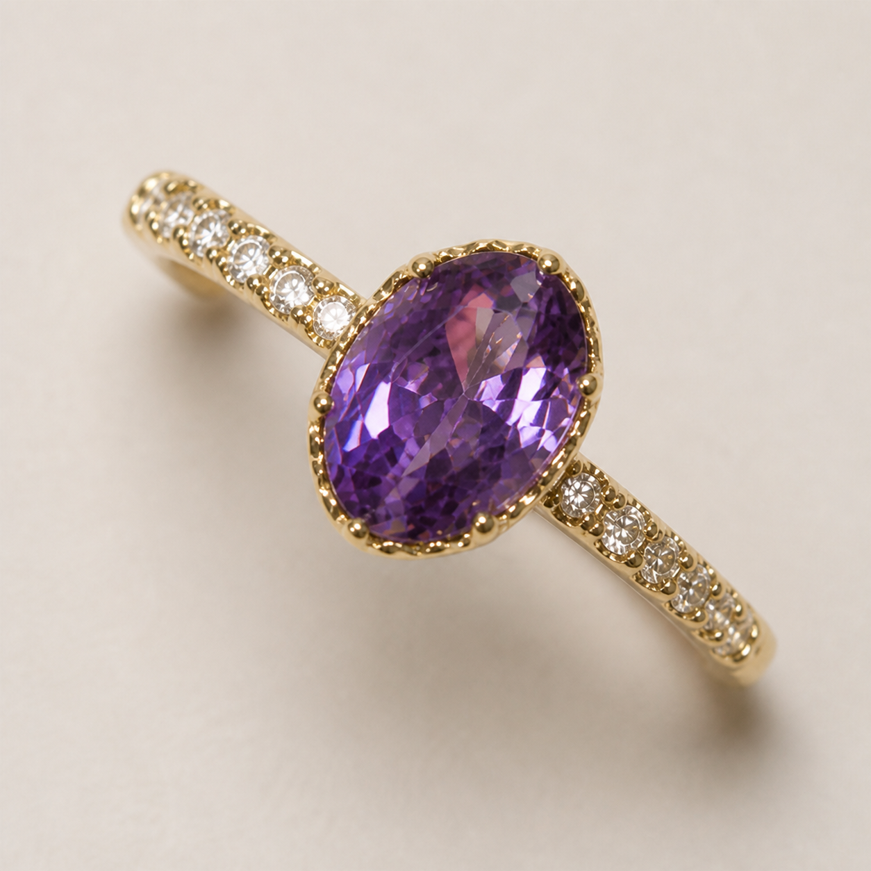 Close-up of the confirmed structure and finish of Amethyst Oval Solitaire Ring