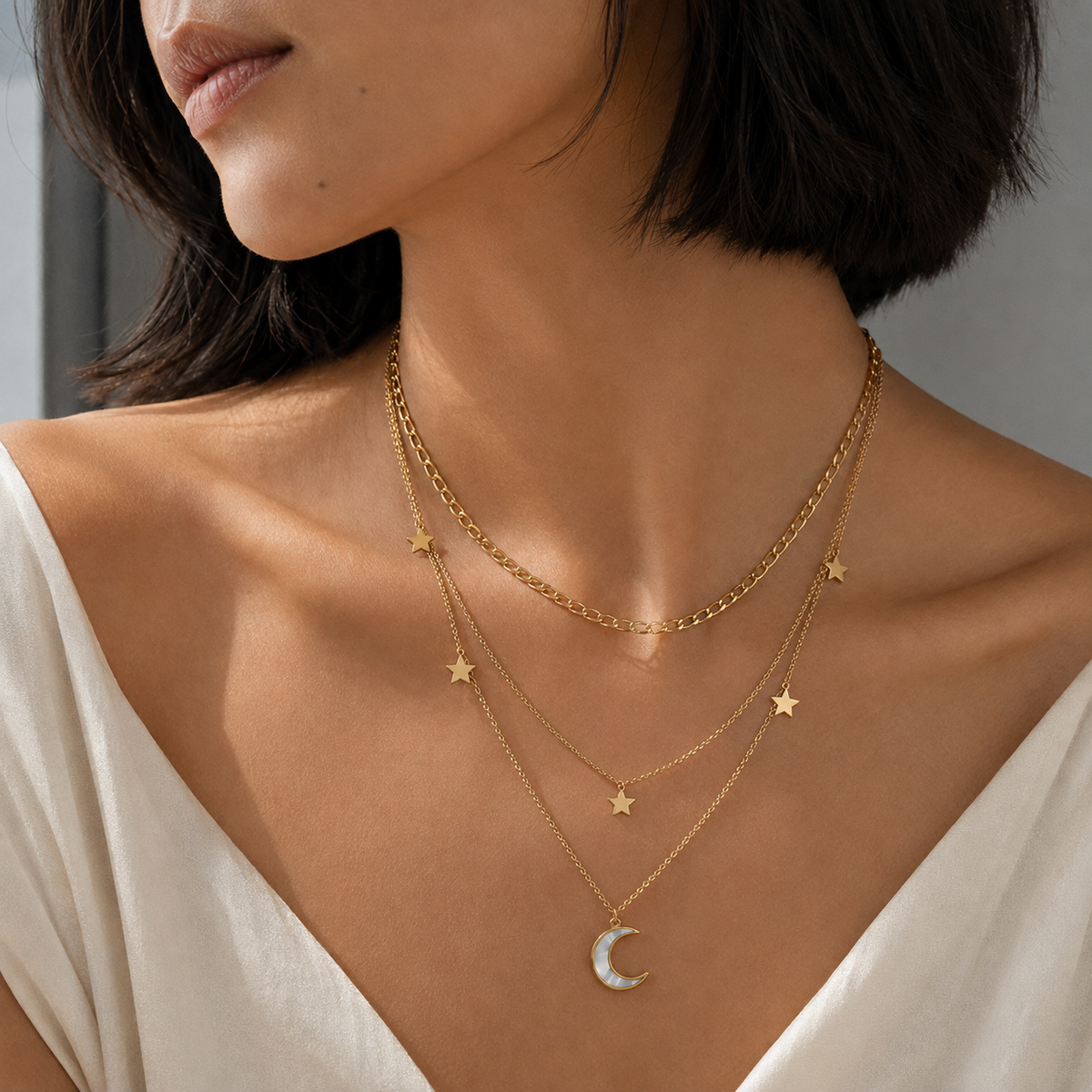 Chest-up wearing view of Astral Descent Necklace