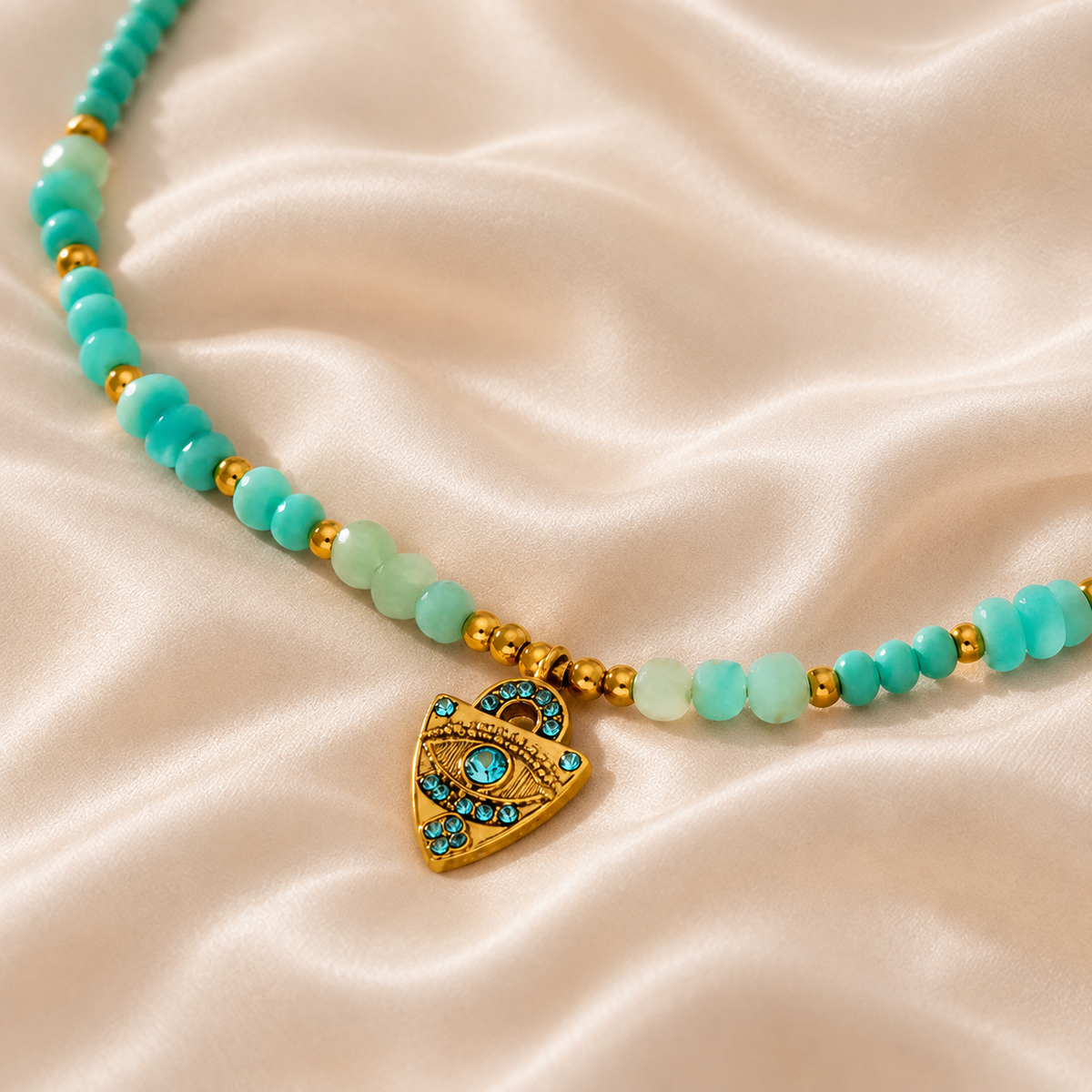 Blue Heartstrand Necklace styled on Moonveil warm cream silk