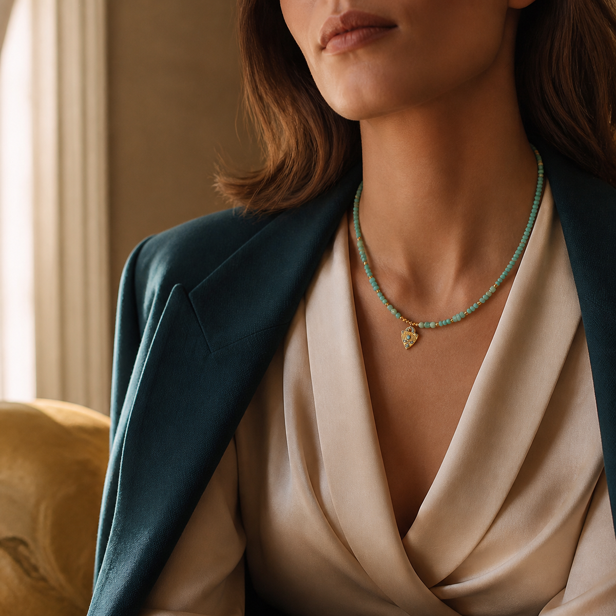 A second photographic styling view of Blue Heartstrand Necklace