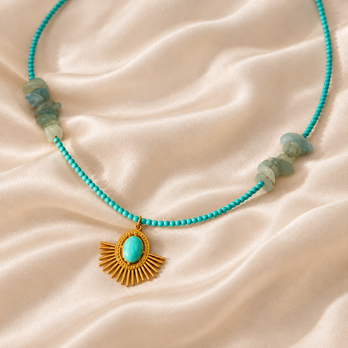Blue Sunfan Necklace styled on Moonveil warm cream silk