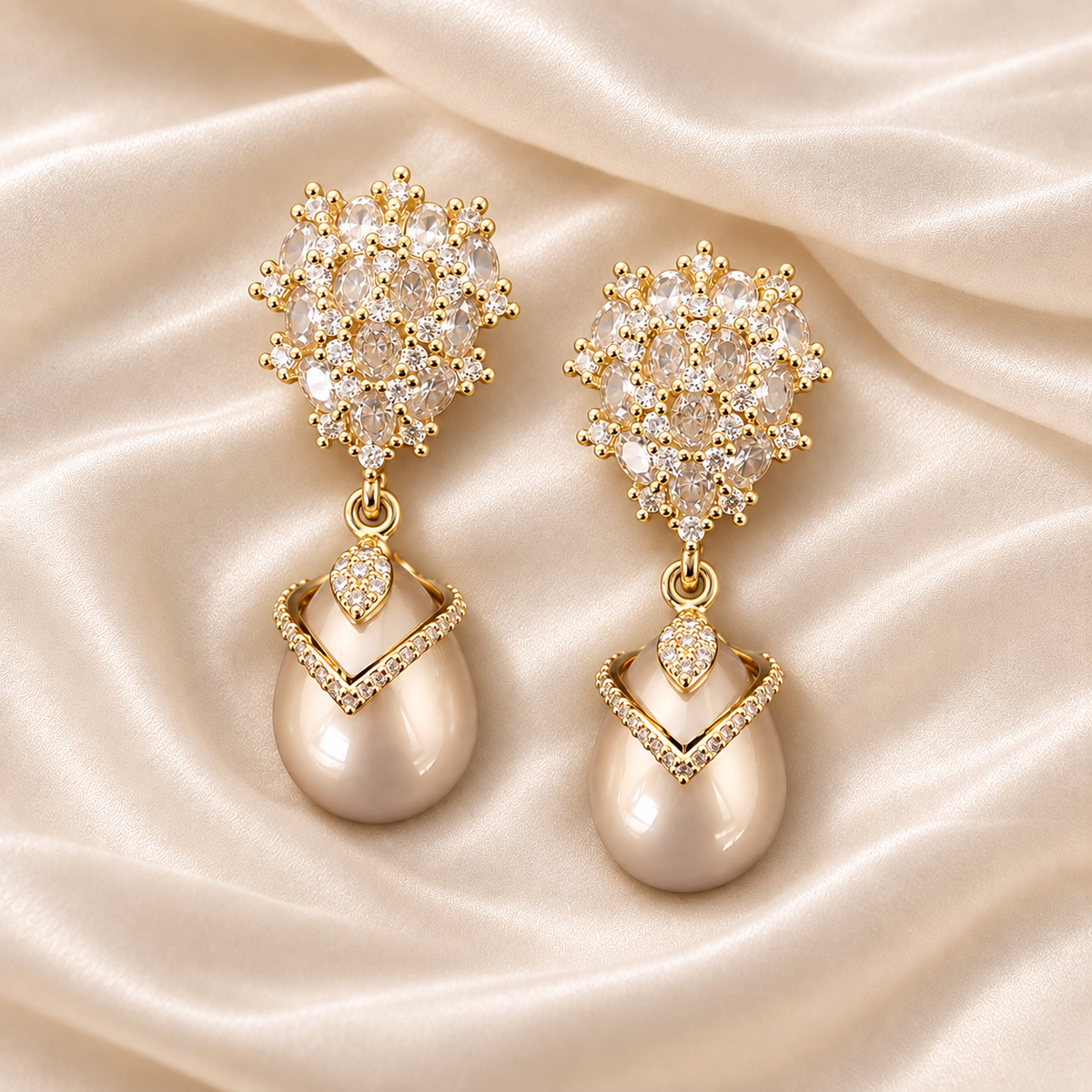 Matching clear-accent gold-tone drop earrings with champagne pear-shaped drops on light cream silk.