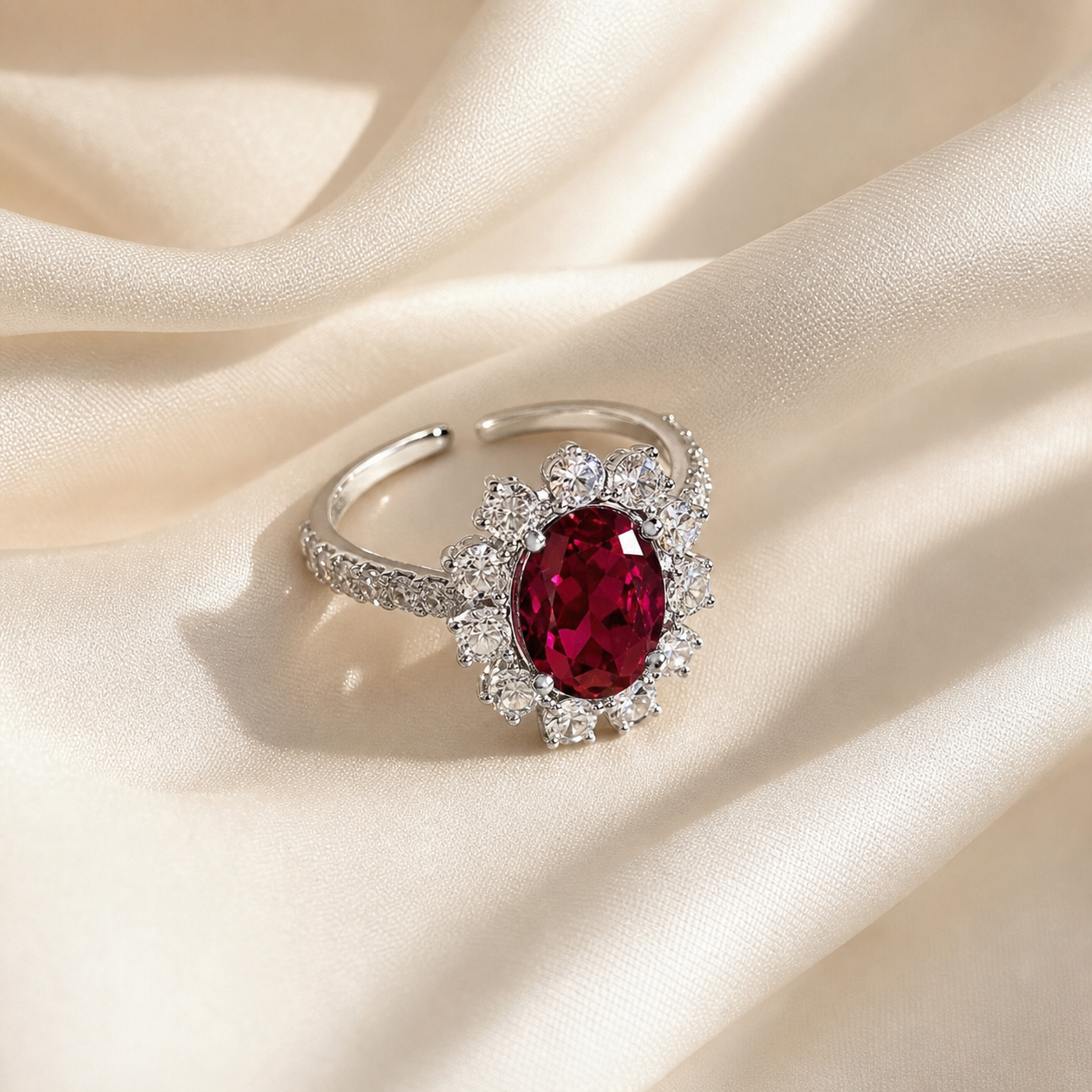 Carmine Halo Open Ring on cream silk, showing the oval deep-red centre and clear halo.