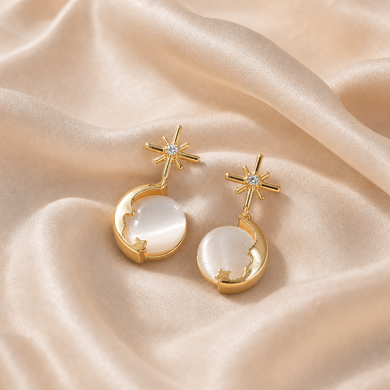 Celestial Whisper Drop Earrings styled on Moonveil warm cream silk