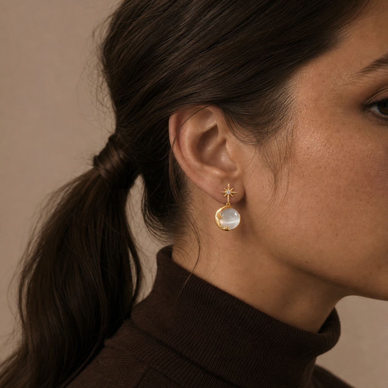 Celestial Whisper Drop Earrings worn in a natural editorial portrait