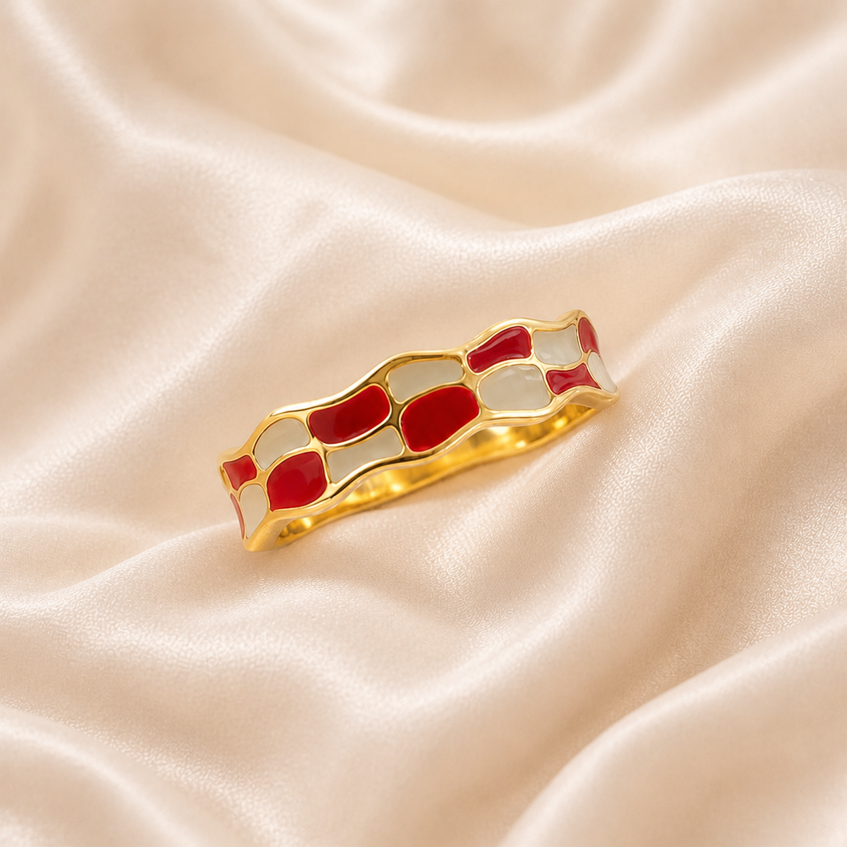 Crimson Current Ring styled on Moonveil warm cream silk