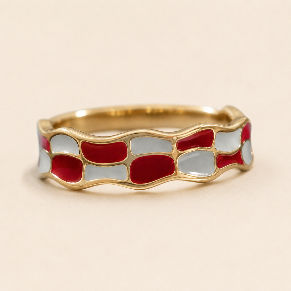 Close-up of Crimson Current Ring showing its design and finish