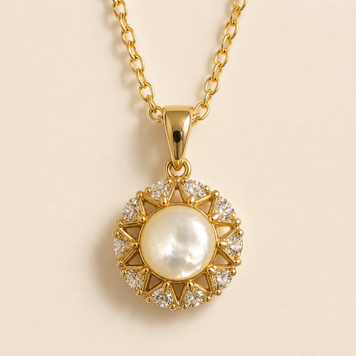 Close view of the Aureole Inlay Pendant Necklace with a pale iridescent-looking round centre, clear faceted halo, and gold-toned bail.
