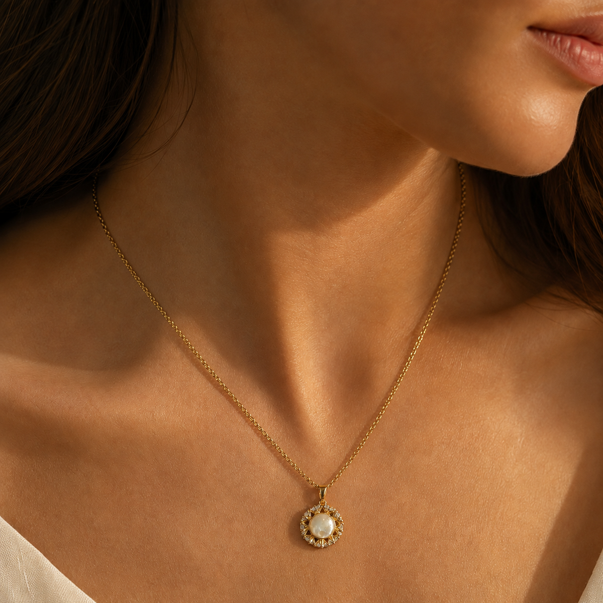 Editorial neck and collarbone view of the Aureole Inlay Pendant Necklace with a warm gold-toned chain and pale iridescent-looking halo pendant.