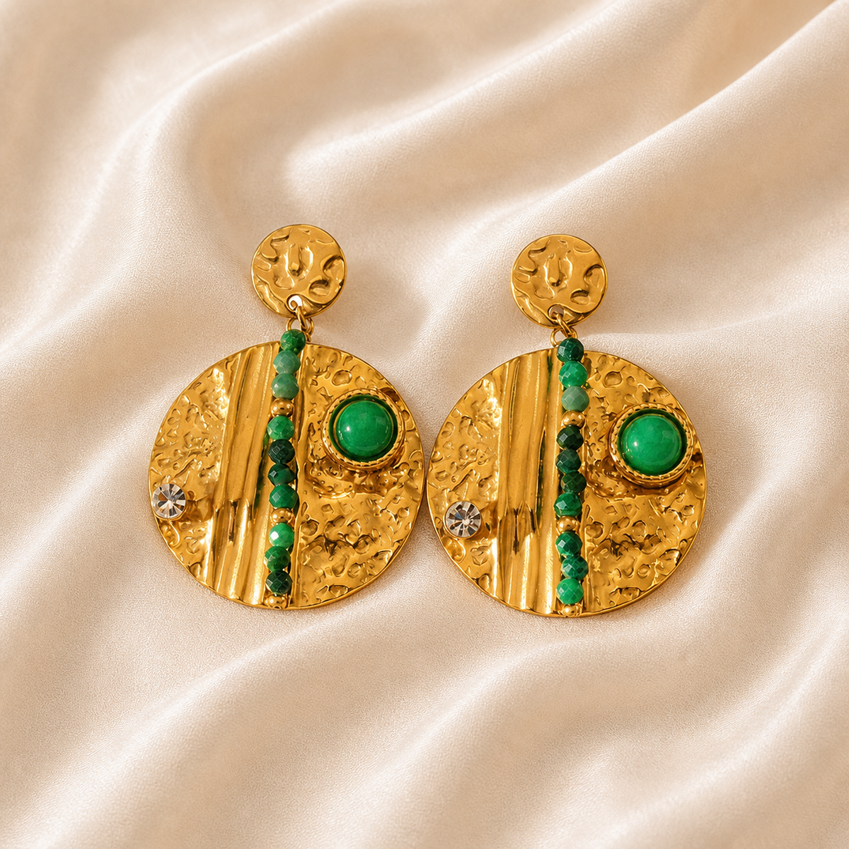 Dual Relief Drop Earrings styled on Moonveil warm cream silk