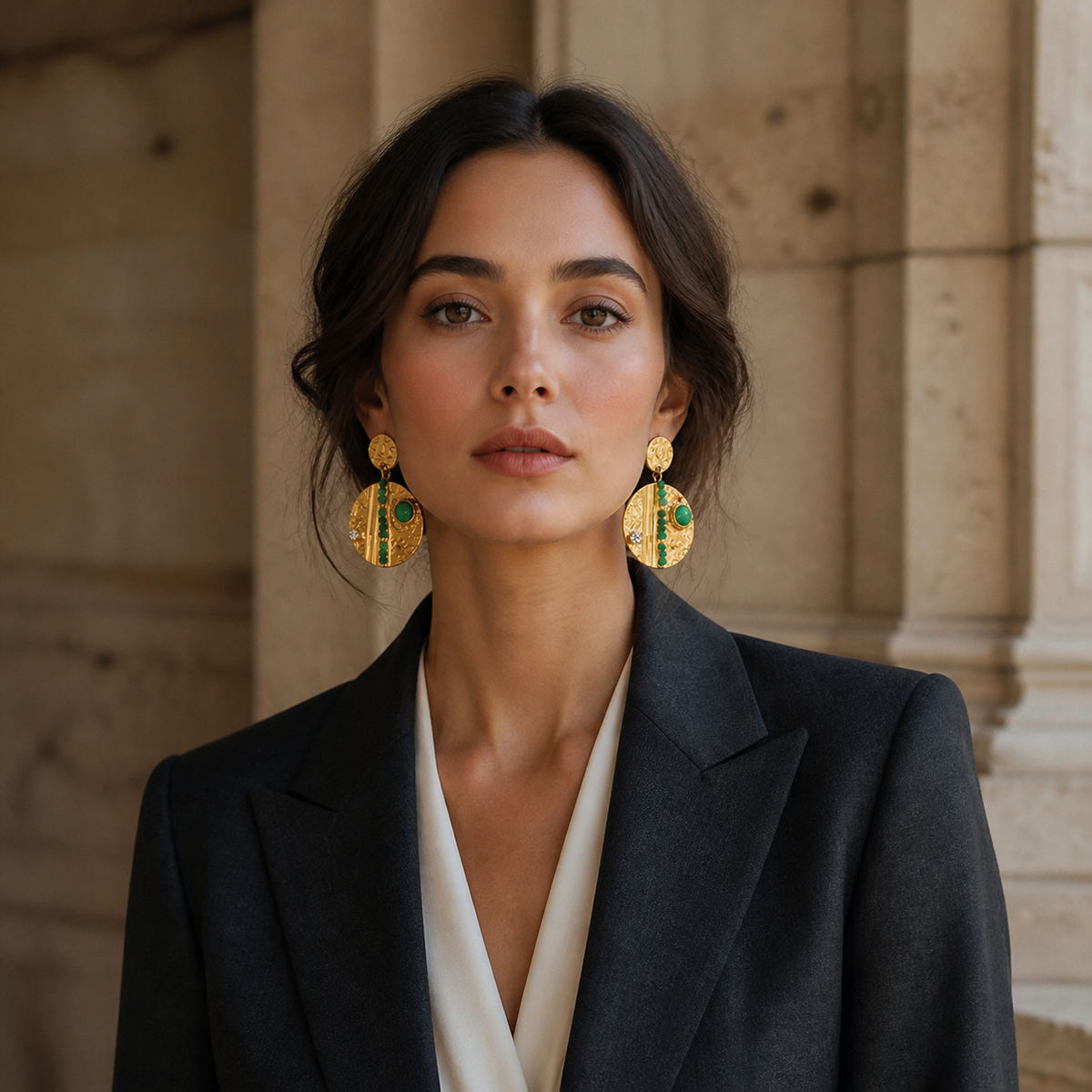 A second photographic styling view of Dual Relief Drop Earrings